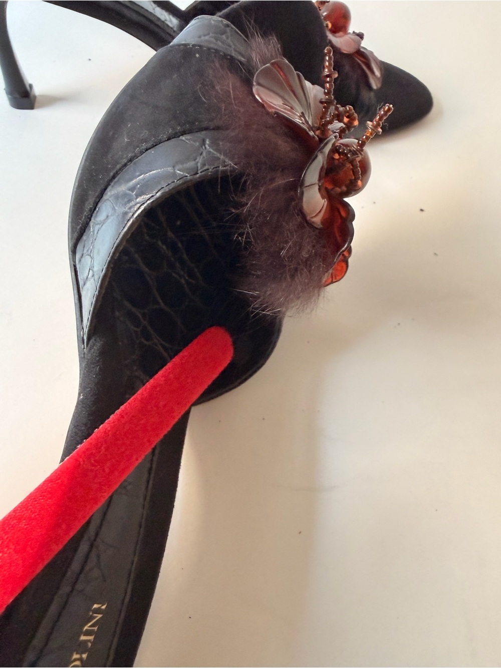 Vintage Enzo Angiolini Black Croc Embossed Mule Heels | Feather Floral Toe EUC - Picture 8 of 9